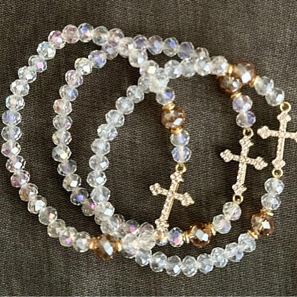 (3) Elegant Crystal Beaded Bracelet Set with Cross Charms - Clear